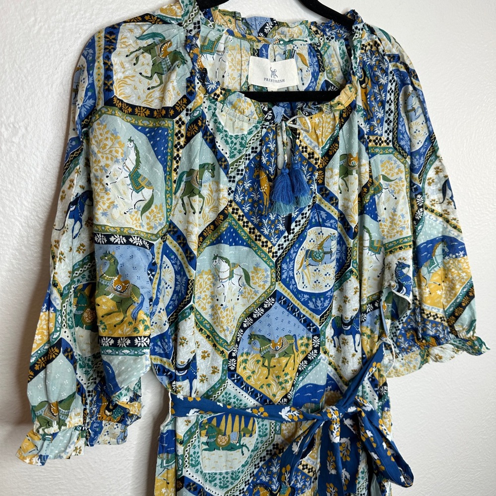 Printfresh High Horse Devon Dress in Blue Multi Organic Cotton Midi Medium NWT - Picture 10 of 12